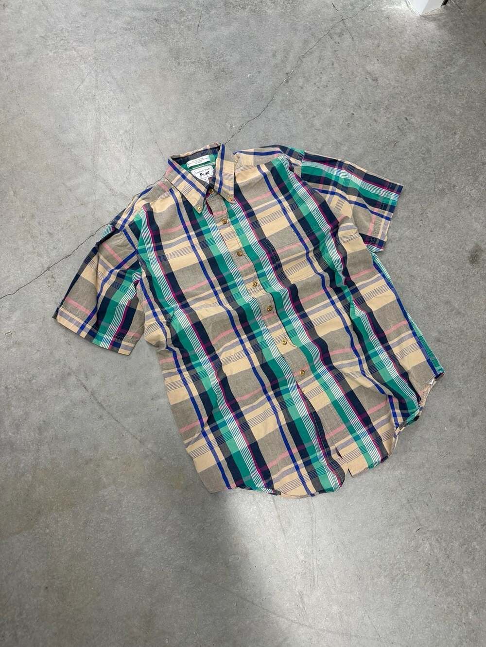 90s Carriage Trade Vintage Cotton Short Sleeve Plaid Button Down Mens Size M